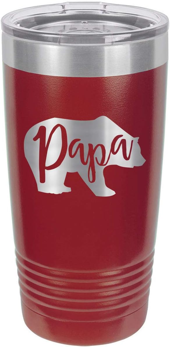 PAPA BEAR MAROON Vaso de bebida de 20 onzas con pajita  Taza de viaje grabada con láser  Comparar con Yeti Rambler  Idea de regalo para papá para el