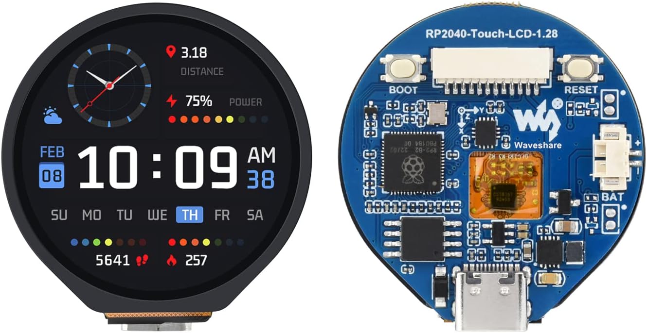 waveshare LCD táctil redondo de 1.28 pulgadas basado en chip microcontrolador Raspberry Pi RP2040, 240 x 240 píxeles 65K colores RGB pantalla IPS a