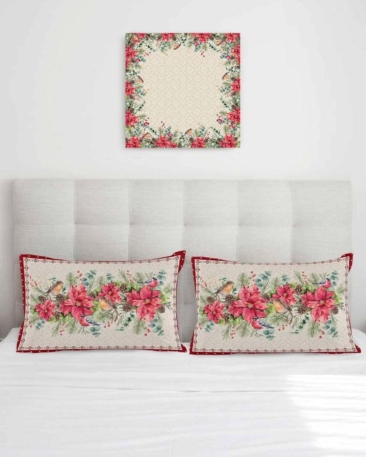 Paquete de 2 fundas de almohada decorativas de algodón, diseño de flor de pascua, baya y cardenal de Feliz Navidad, 12 x 20 pulgadas, rectangular,