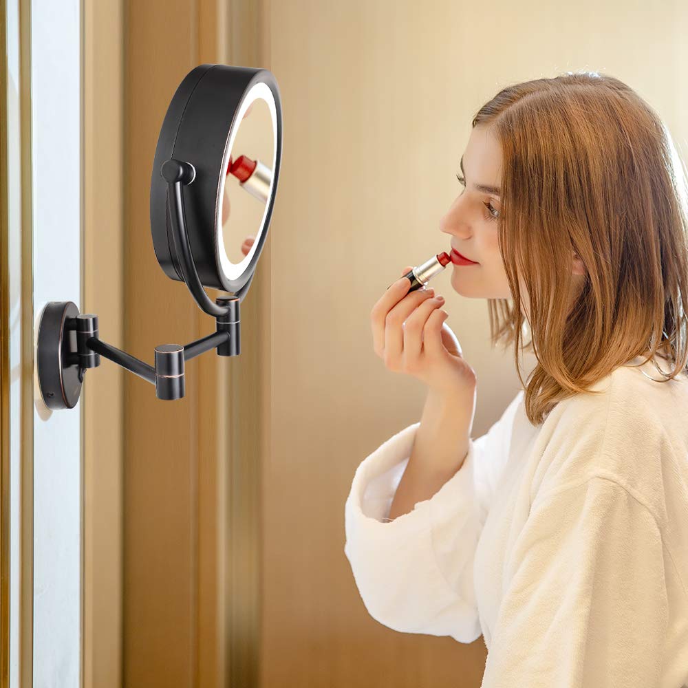GURUN Espejo de maquillaje con aumento de 8.5 pulgadas con luces LED de 3 tonos, espejo de tocador de doble cara para baño con aumento de 10X