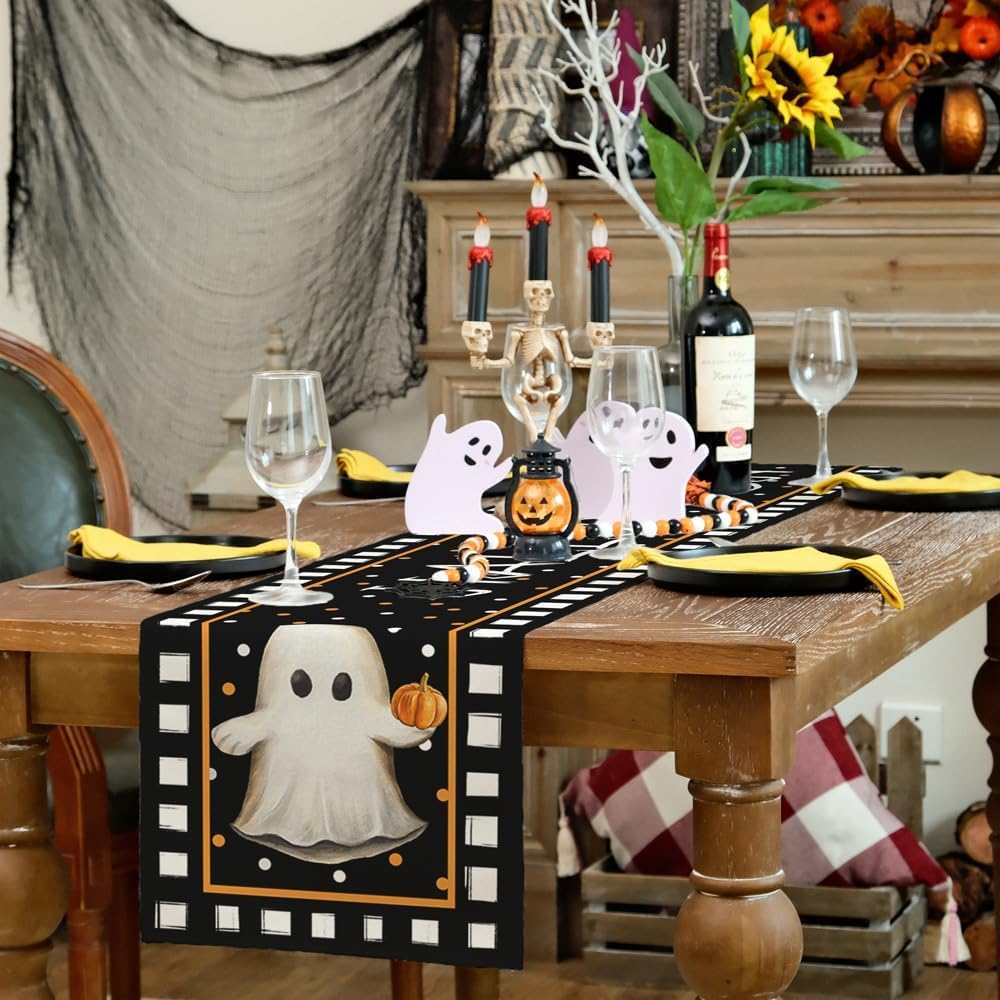 ARKENY Camino de mesa de Halloween de 13 x 60 pulgadas, calabaza, fantasma, arpillera estacional, lunares, granja, interior, cocina, comedor,