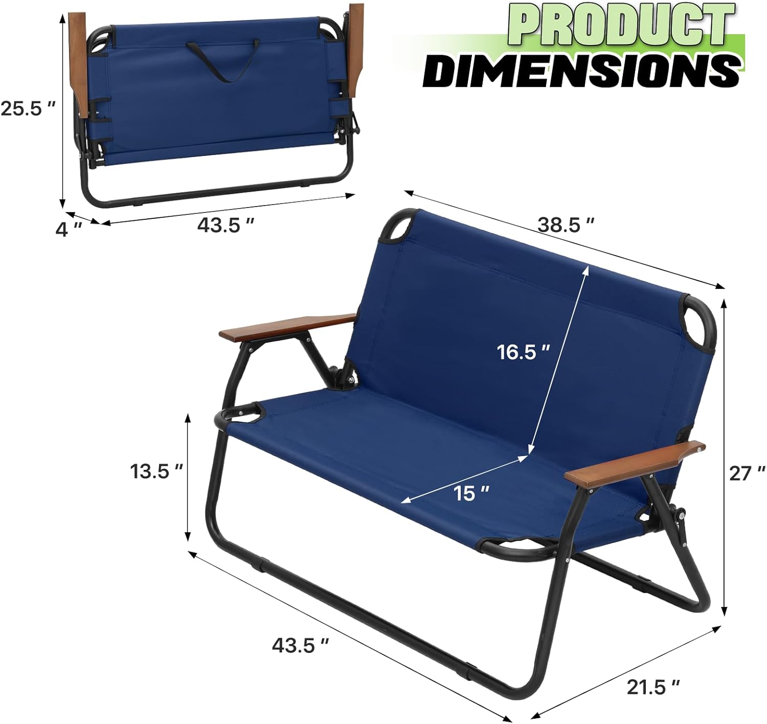Magshion Silla de campamento de doble asiento de 39 pulgadas que soporta 330 libras para adultos, silla plegable de alta resistencia para 2