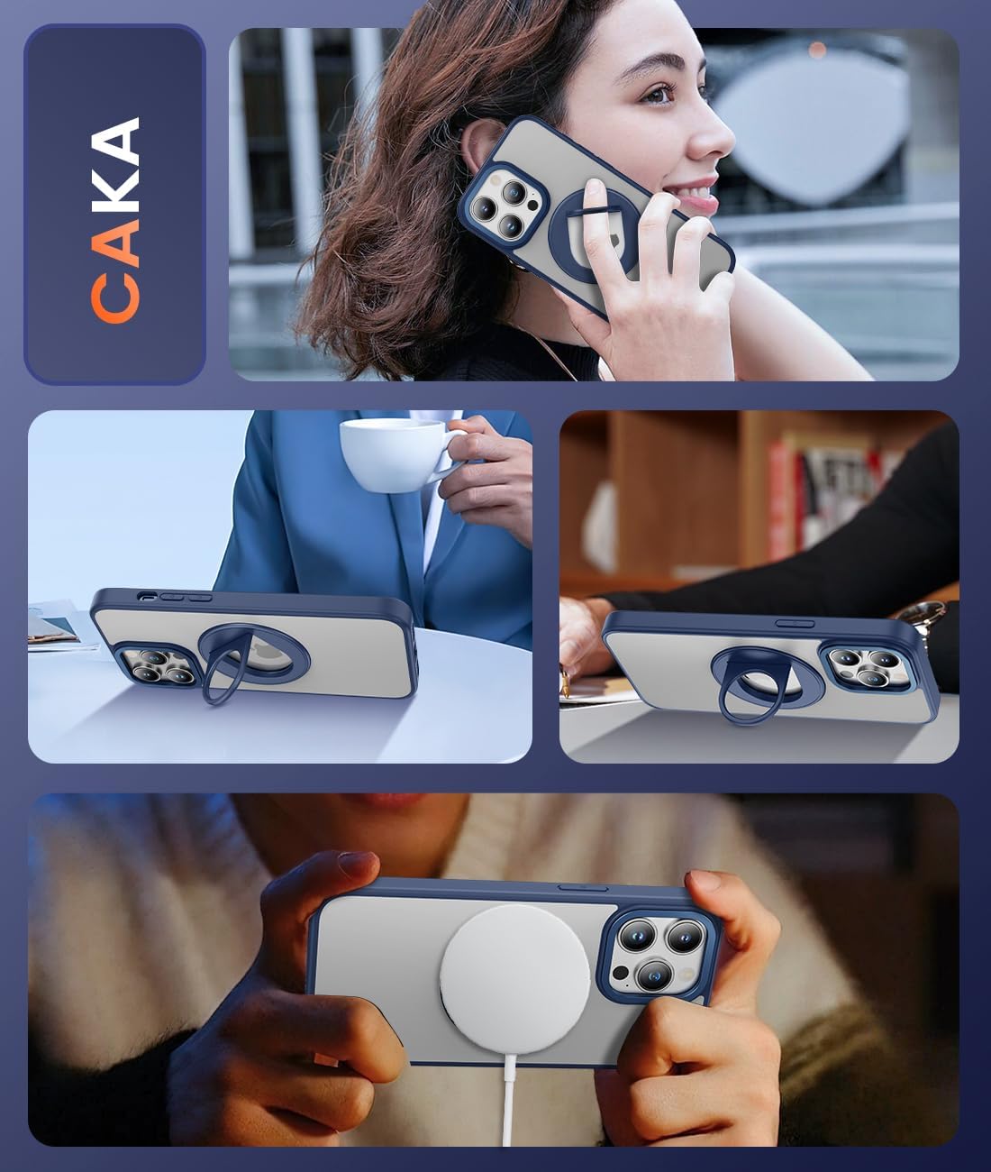 Caka Funda para iPhone 15 Pro Max con soporte, soporte magnético de anillo de 360, grado militar, a prueba de golpes, translúcido, funda trasera