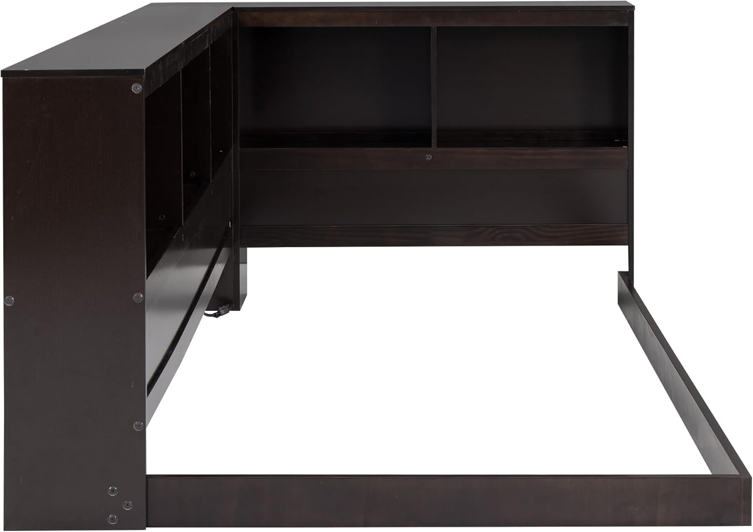 Sofá cama con cabecera de estantería, marco de cama esquinero de tamaño individual con estación de carga, cama de plataforma de madera con