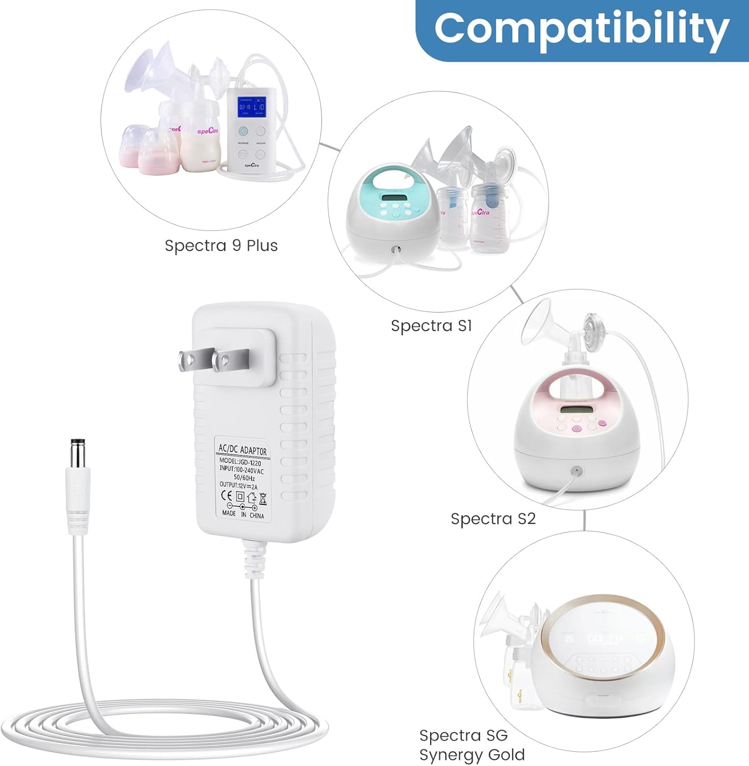 Cargador de repuesto de 12 V para extractor de leche Spectra S1, S2 Plus, S3 Pro, 9 Plus, cable de alimentación de carga de 6 pies