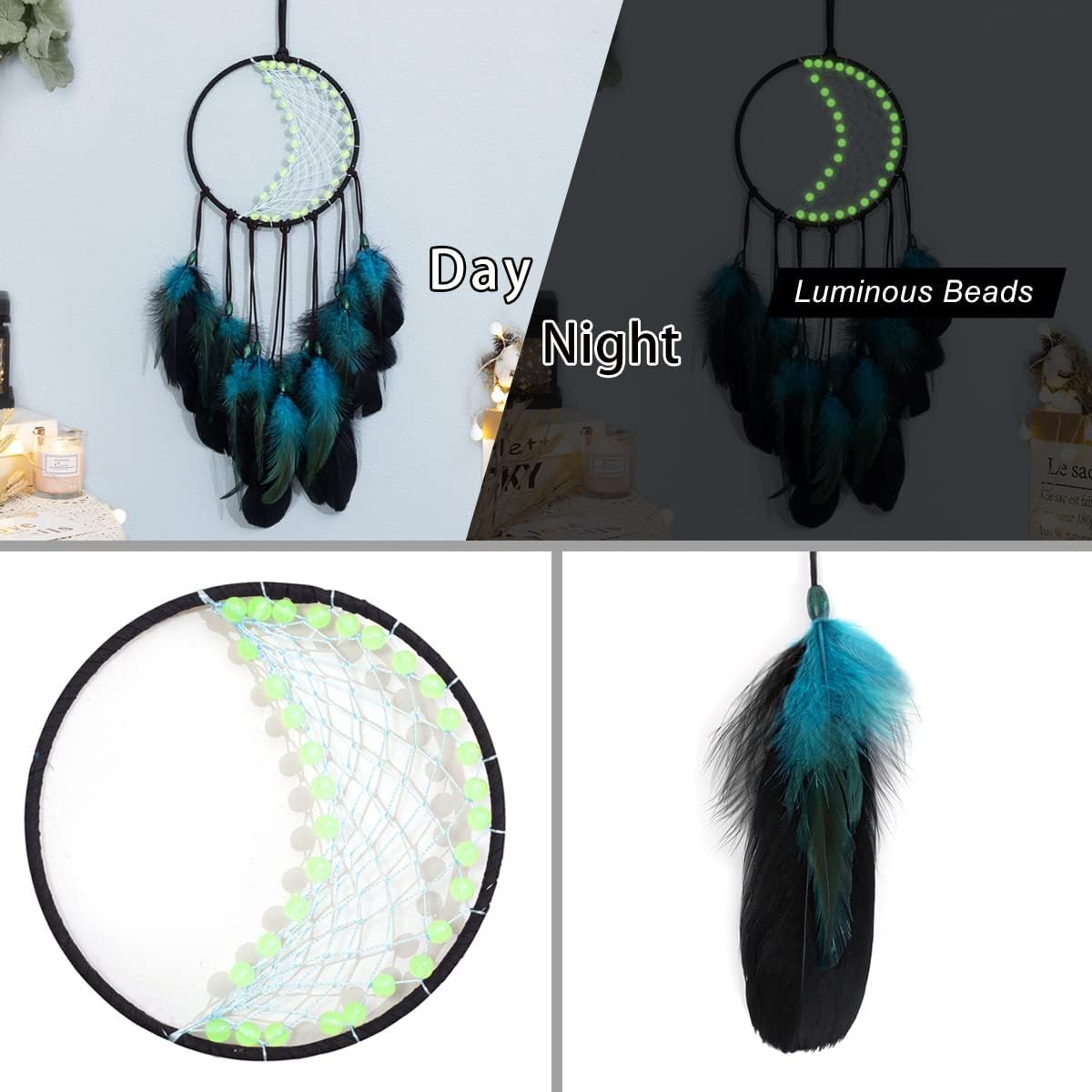 Atrapasueños con cuentas luminosas, atrapasueños azul hecho a mano, decoración de dormitorio para niños y niñas, adorno para regalo de manualidades