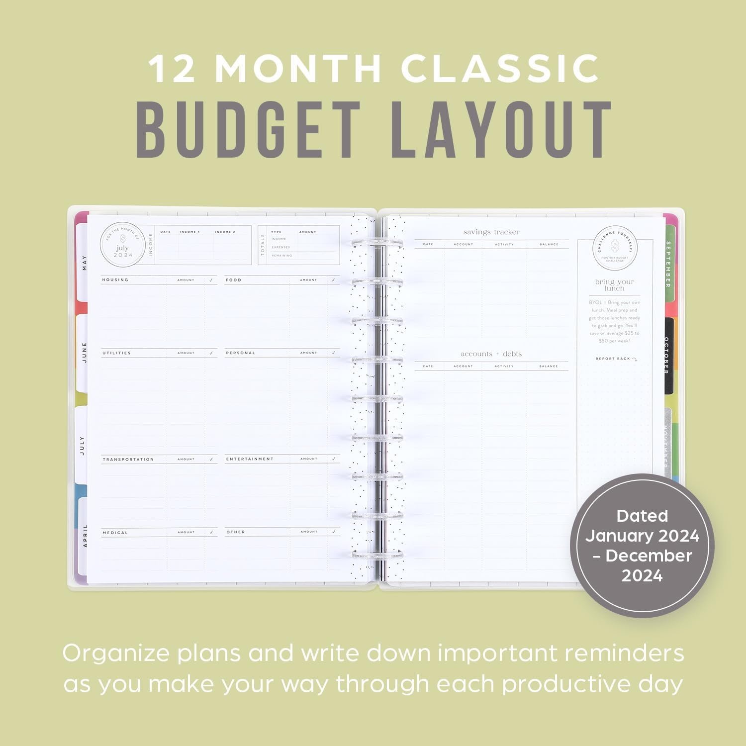 Happy Planner – Agenda de 12 meses, de enero de 2024 a diciembre de 2024 diaria, semanal, mensual, tamaño clásico, diseño de presupuesto, tema de