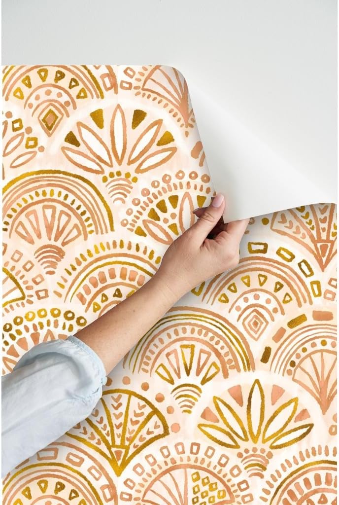 Spoonflower Peel & Stick Wallpaper Swatch – Seashell Geometry Gold Circles Geometric Dots Triangles Neutral Custom Removable Wallpaper