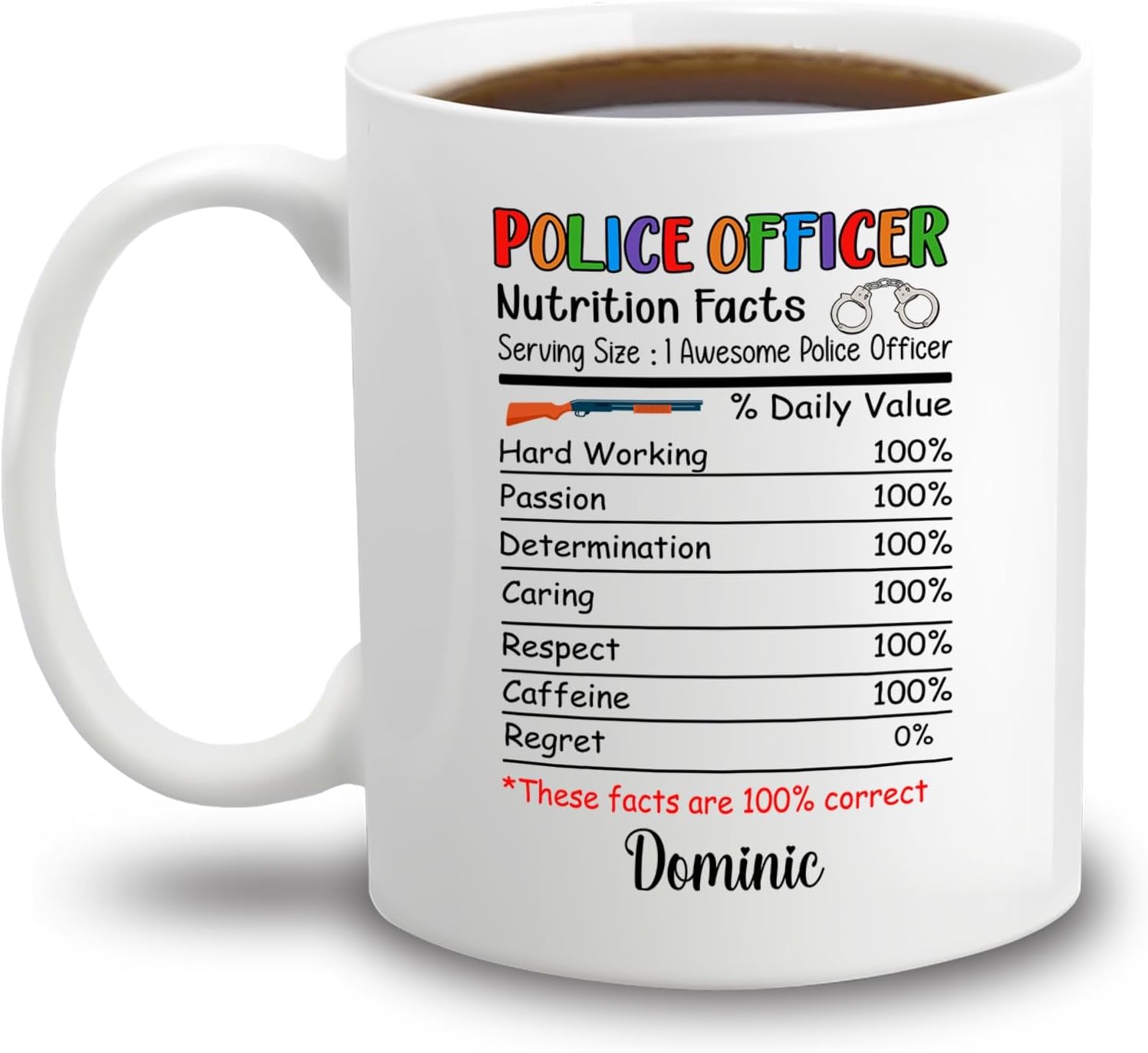 Tazas personalizadas con nombre de policía, tazas de información nutricional de oficial de policía, taza de café personalizada para policía, regalo