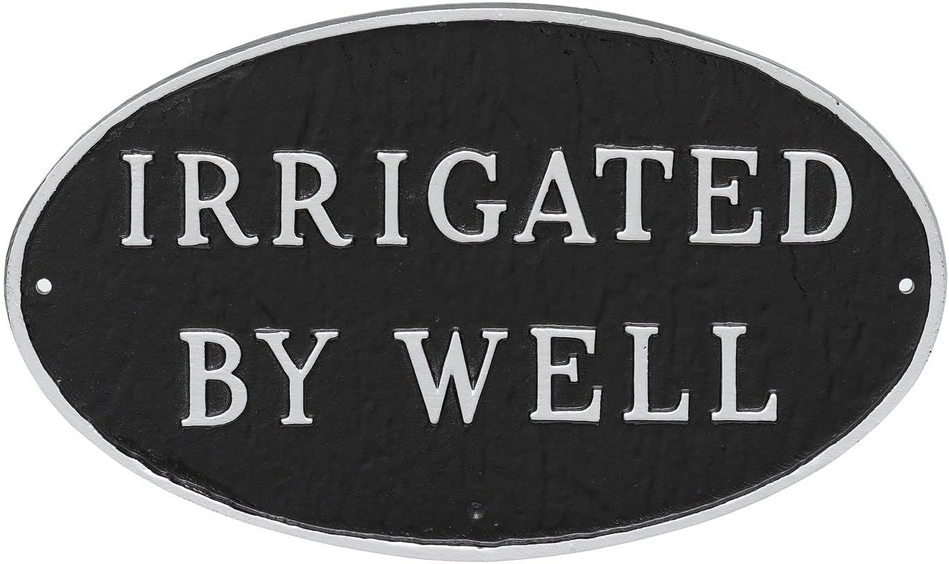 Letrero de placa ovalada de metal fundido Irrigated by Well – Letrero de pared o césped – Letrero para el hogar o negocio – Aluminio recubierto de