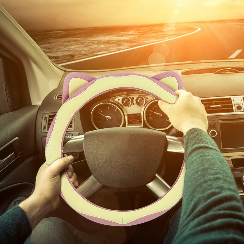 Funda de gamuza para volante de automóvil, con orejas de gato, funda protectora antideslizante para volante de automóvil, protector universal de 15