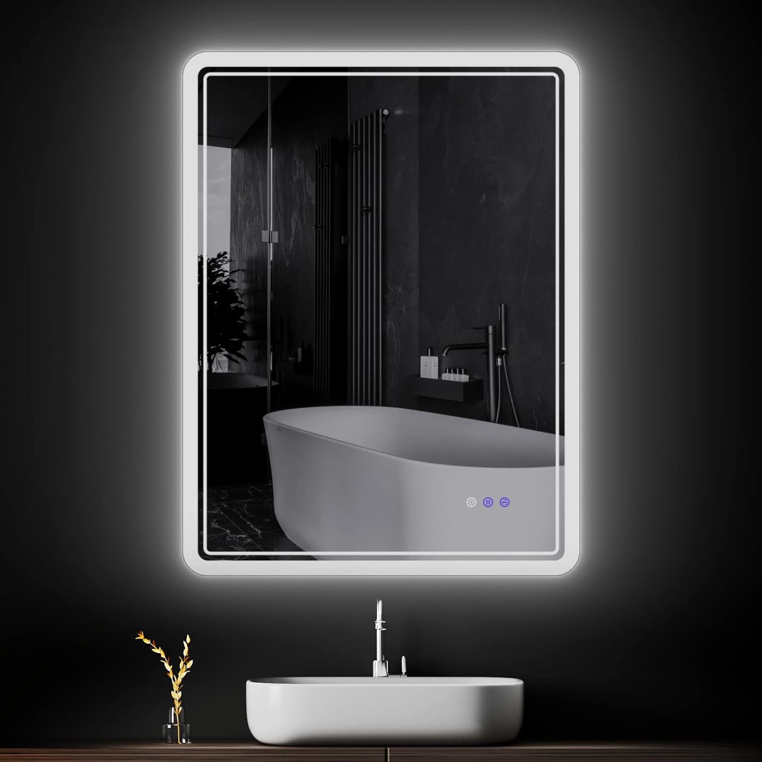 CFYLO Espejo retroiluminado LED de 24 x 32 pulgadas, espejo de baño con luces, espejo LED para baño, atmósfera azul retroiluminada LED, espejo de