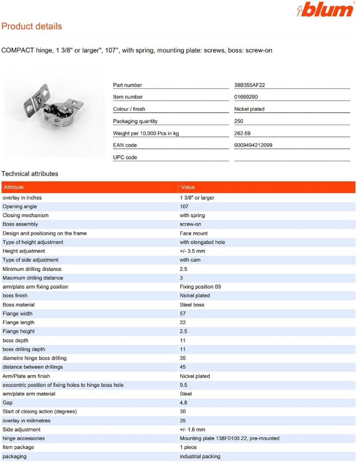 Blum 33B355AF22 – Bisagra compacta de fijación facial de 107 con muelle y placa de montaje, incluye tornillos, paquete de 4