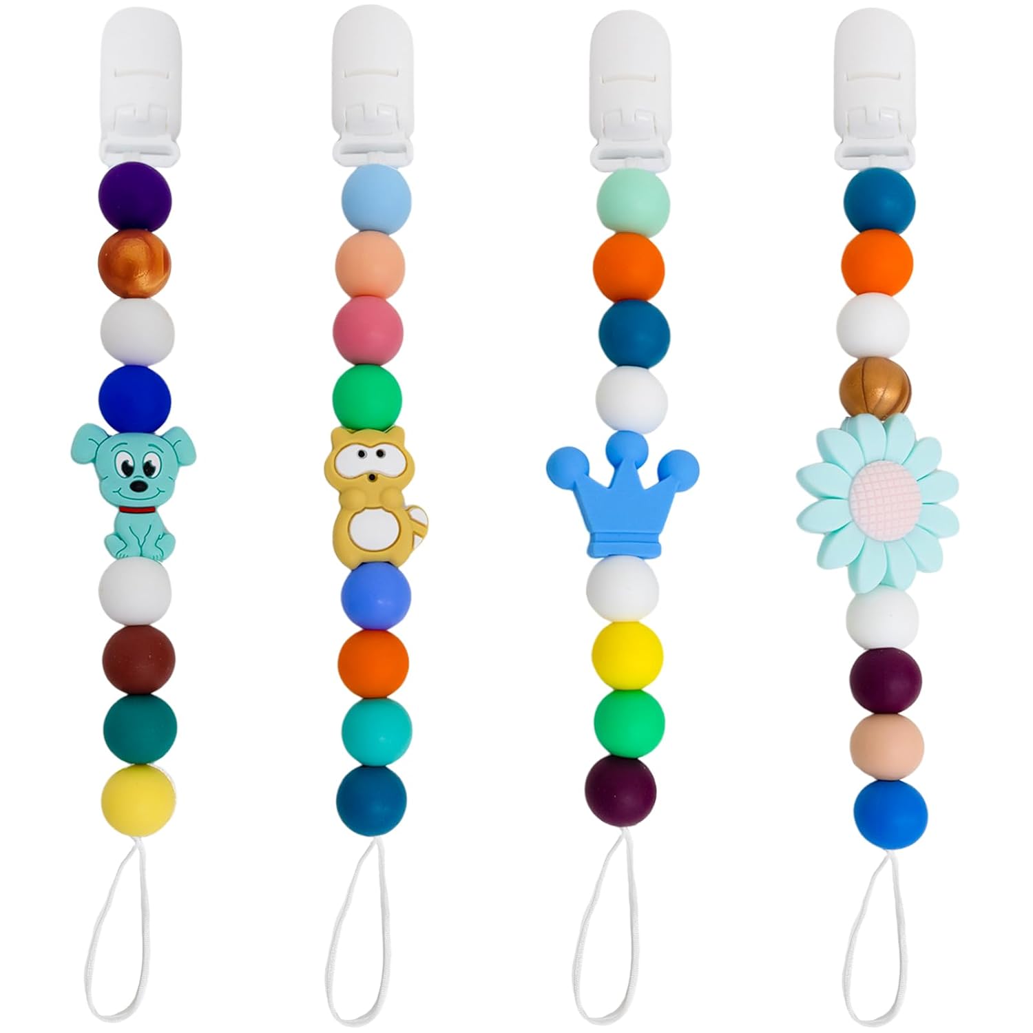 Paquete de 4 clips para chupete de bebé, clip de silicona para chupete para bebés niñas y niños, lindo clip de chupete de dibujos animados colorido