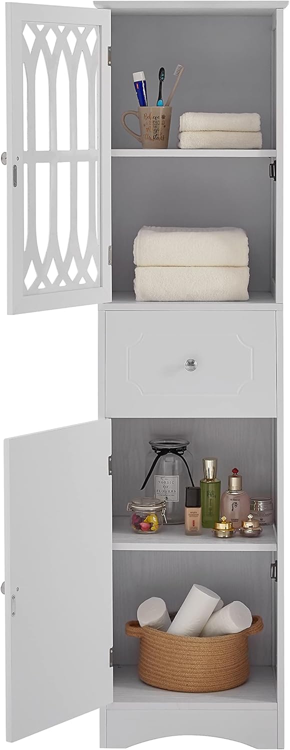 SHMAO Gabinetes de almacenamiento altos de lino para baño, gabinete de almacenamiento de baño, armario de baño independiente con estantes y cajones