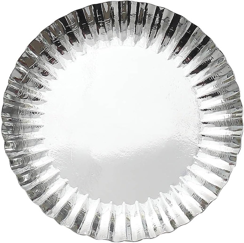 Efavormart – Paquete de 50 platos de papel de postre con borde festoneado plateado metálico de 5 pulgadas, platos redondos desechables para