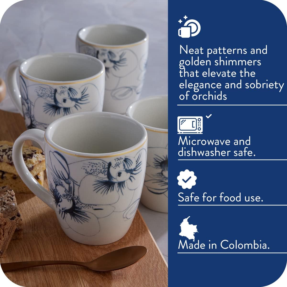 Juego de 4 tazas Corona  Perfecto para los amantes del café y el té  Cattleya 12.8 oz – 380cc  4 piezas  Cerámica  Diseño floral  Cerámica
