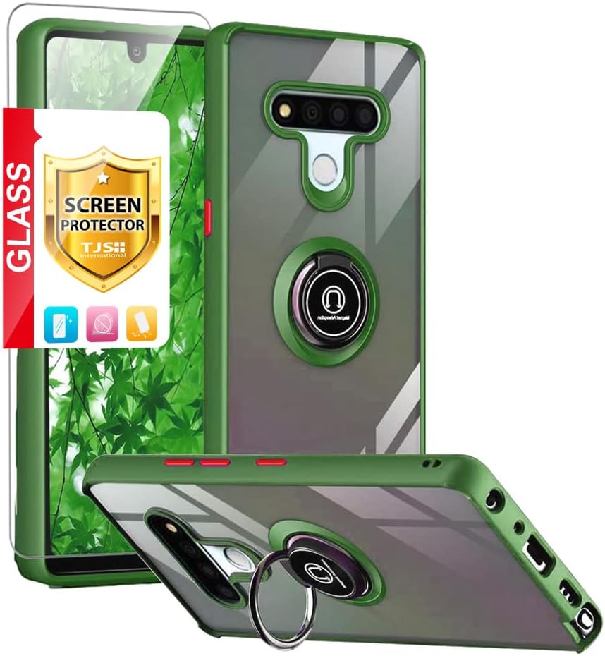 TJS Funda compatible con LG Stylo 6, con protector de pantalla de vidrio templado, anillo de metal soporte magnético resistente contra caídas (verde)