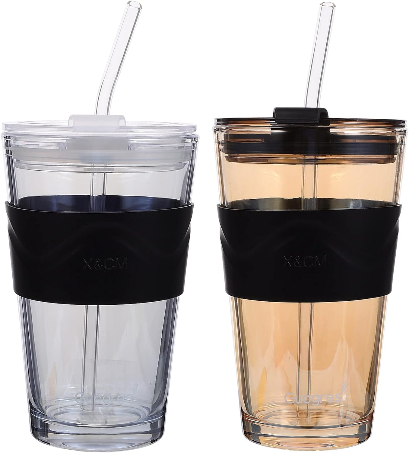 UPKOCH 2 vasos de vidrio con tapa y pajita, vaso de 16 onzas, vaso de vidrio grueso para pared con tapa sellada, tazas de café helado con funda de