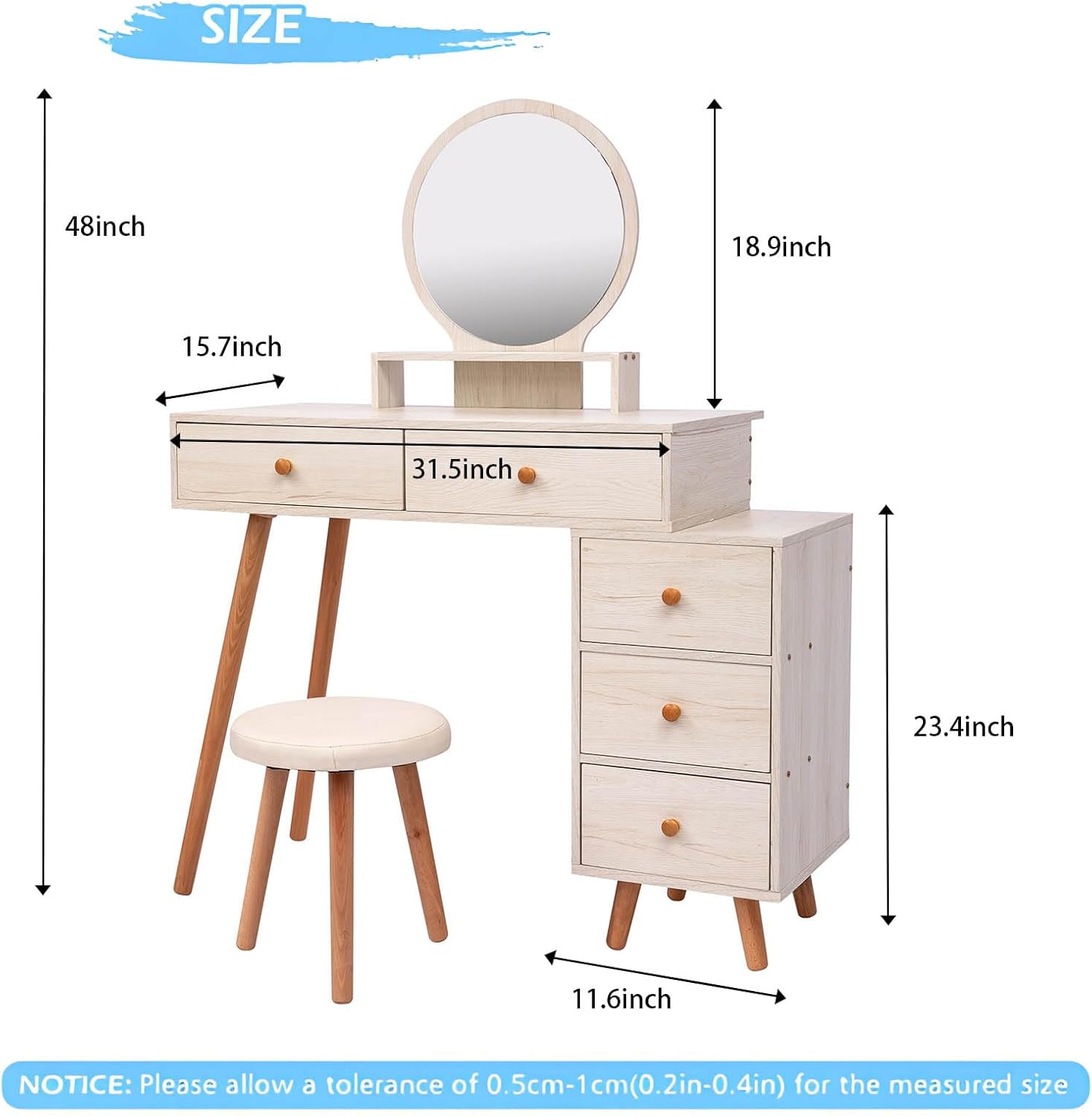 Mesa de tocador de maquillaje con espejo redondo grande, escritorio blanco con taburete acolchado, tocador de madera con 5 cajones y gabinete de