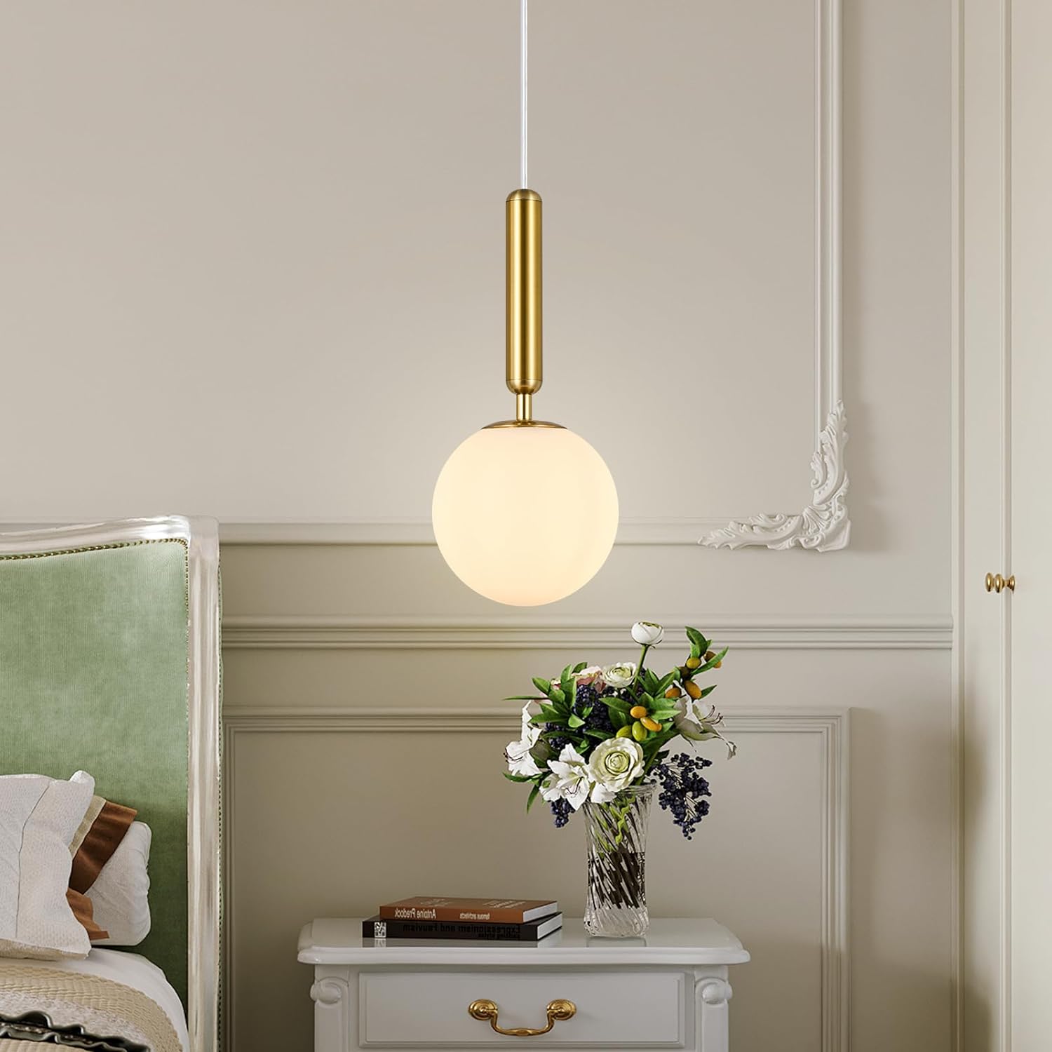 FDPBY Lámpara colgante moderna para isla de cocina, luces colgantes doradas de mediados de siglo con globo blanco lechoso para dormitorio, baño,