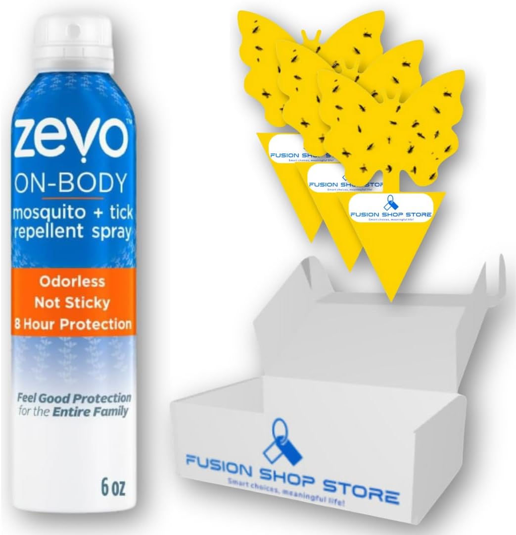 Zevo On Body – Repelente de mosquitos y garrapatas, 6 onzas (1), juego con 3 piezas de trampa adhesiva para frutas exclusiva Fusion Shop Store.
