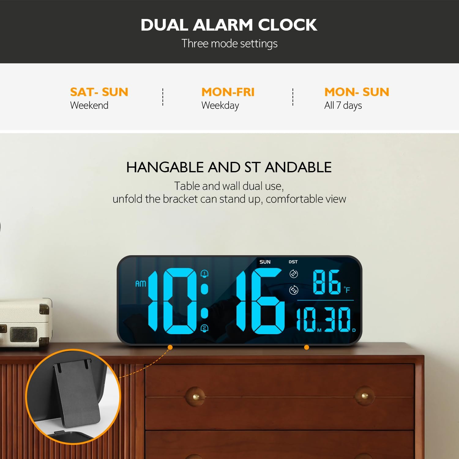 Reloj de pared digital, pantalla LED grande de 15.2 pulgadas con control remoto, 2 despertadores, DST, atenuación automática, 1224 horas,
