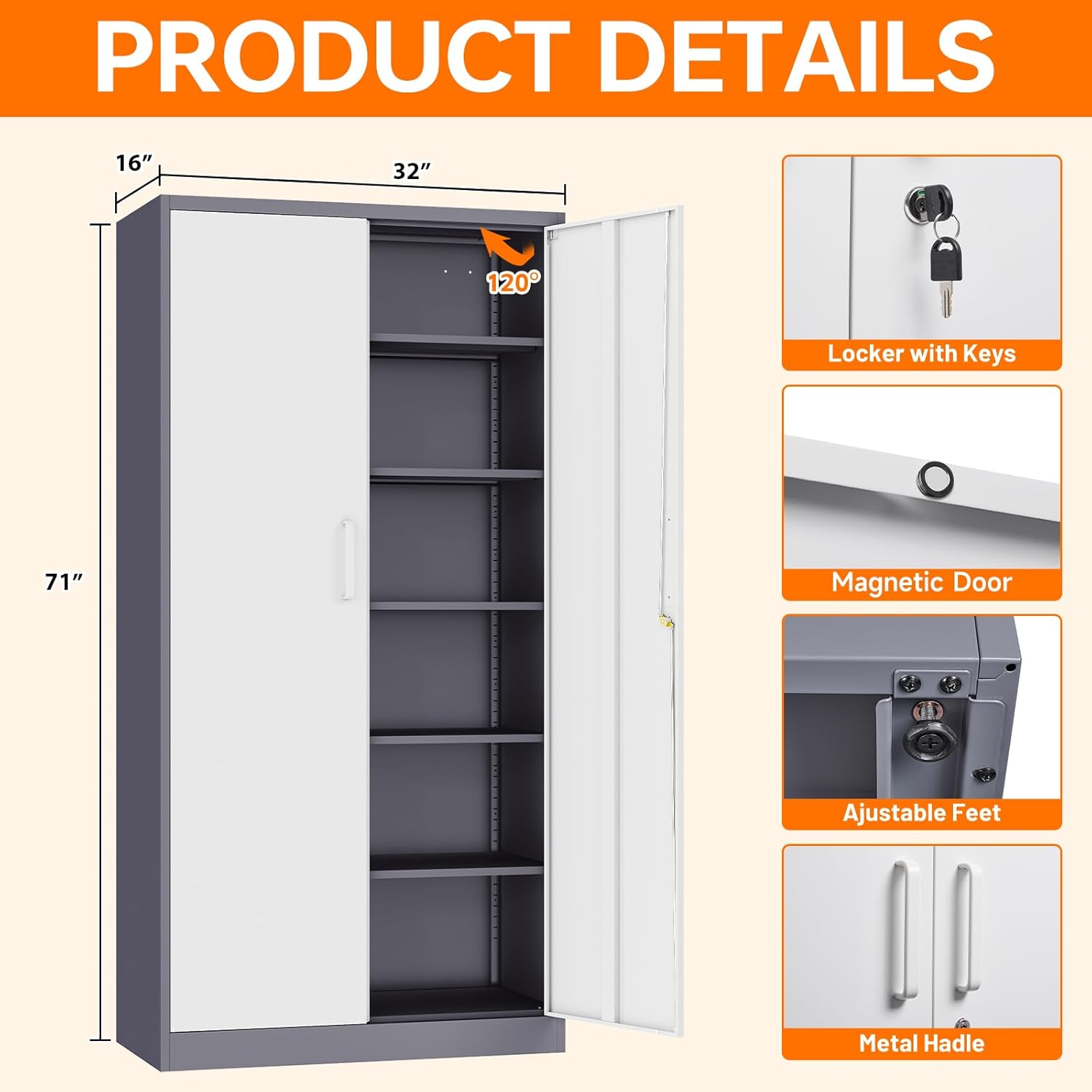 Armarios de almacenamiento de metal con cerradura, gabinete de almacenamiento de garaje de 71 pulgadas con 2 puertas y 4 estantes ajustables,