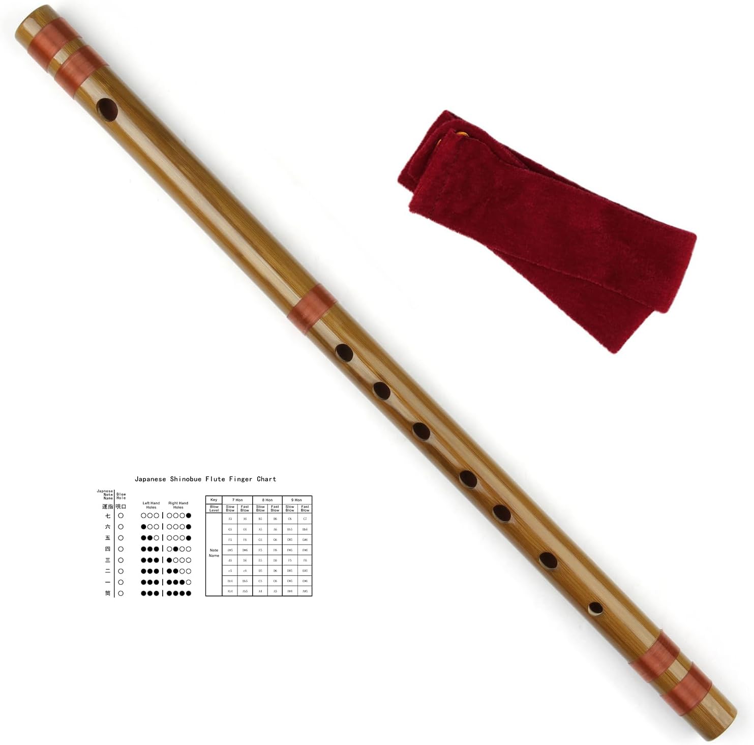 Japanese Shinobue Flute 78 Hon Handmade Bamboo Flute Musical Instrument (8Hon with Red Line)