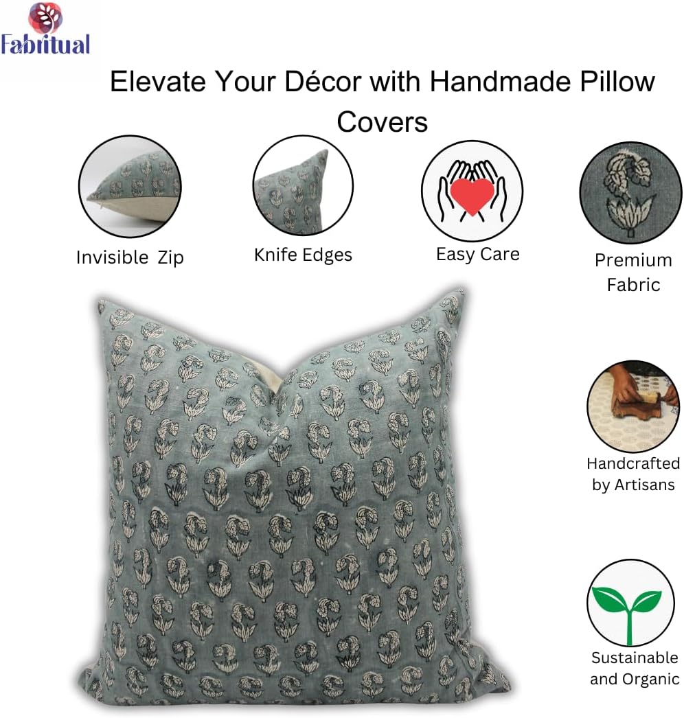 Fabritual Pure Linen – Funda de almohada de lino puro, almohada para exteriores con estampado de telar a mano, funda de cojín hecha a mano con