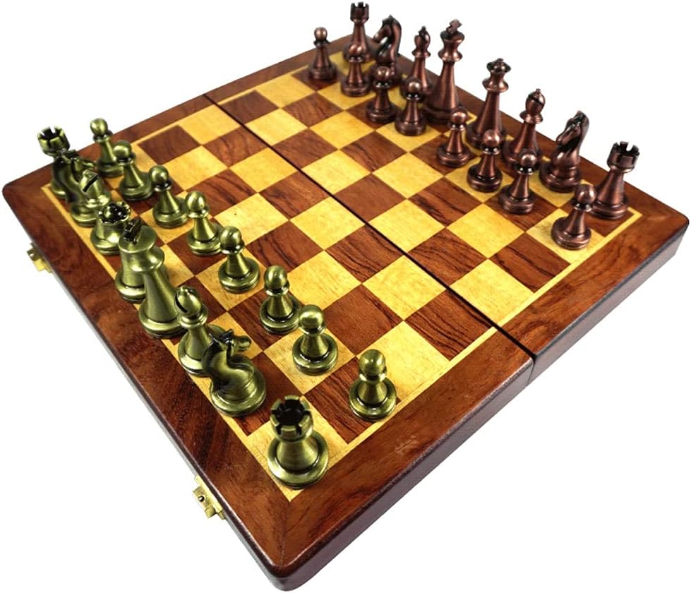 Juego de ajedrez plegable de metal con almacenamiento para piezas de ajedrez de metal chapado en cobre retro, juego de mesa de regalo