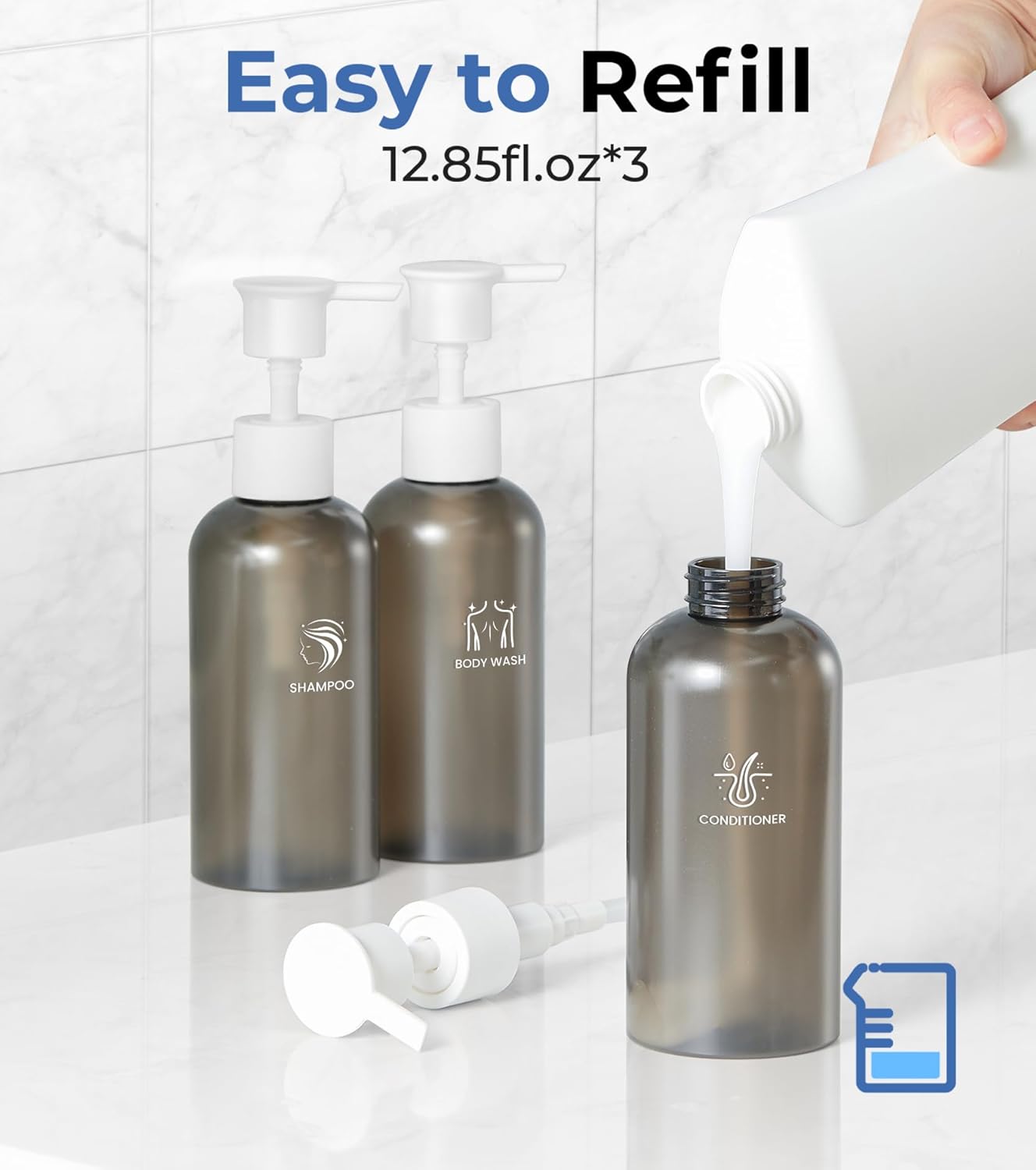 Dispensador de champú para ducha montado en la pared, dispensador de jabón de ducha de 3 cámaras sin taladro, 3 botellas recargables de 12.85 onzas