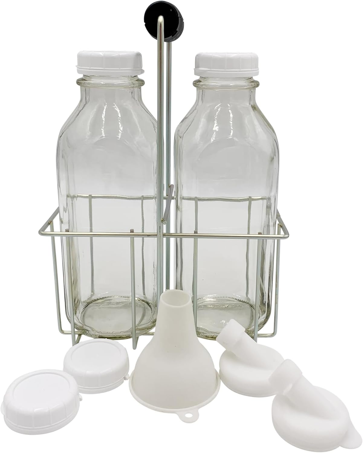The Dairy Shoppe – Botellas de leche de vidrio pesado, tapas adicionales, boquillas de silicona, embudo de silicona, dispensador de jarra de leche