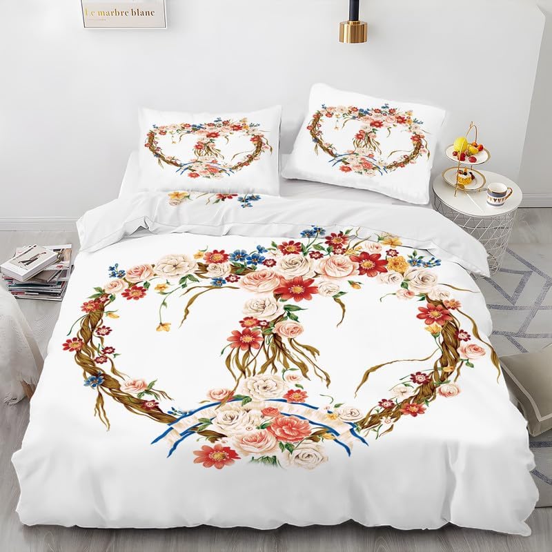 White Flowers Duvet Cover Full Floral Print Bedding Sets Full Soft Microfiber Comforter Cover and 2 Pillow Shams 20″X26″, Bed Set Duvet Covers with