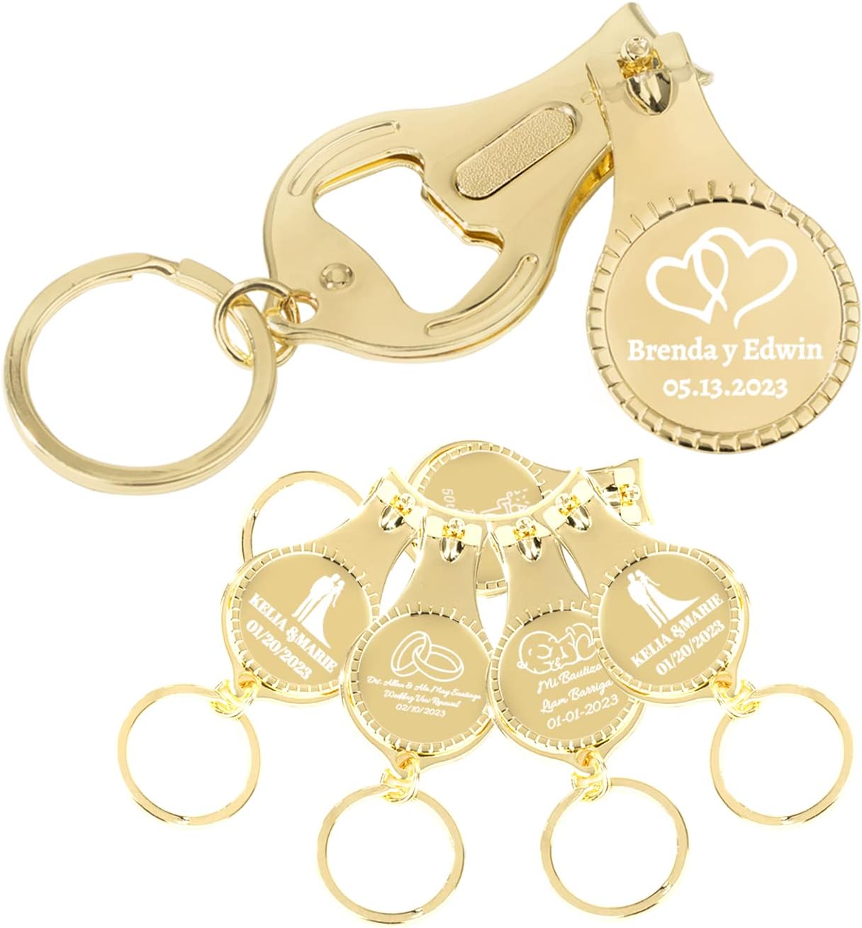 100 piezas de abrebotellas de oro personalizado llavero cortaúñas versátil y duradero, regalos privados personalizados para fiestas, bodas,