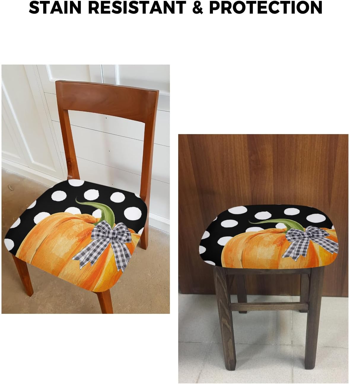 Juego de 6 fundas de asiento para silla de otoño, color naranja, diseño de calabaza para sillas de comedor, con lunares blancos, tapizadas,