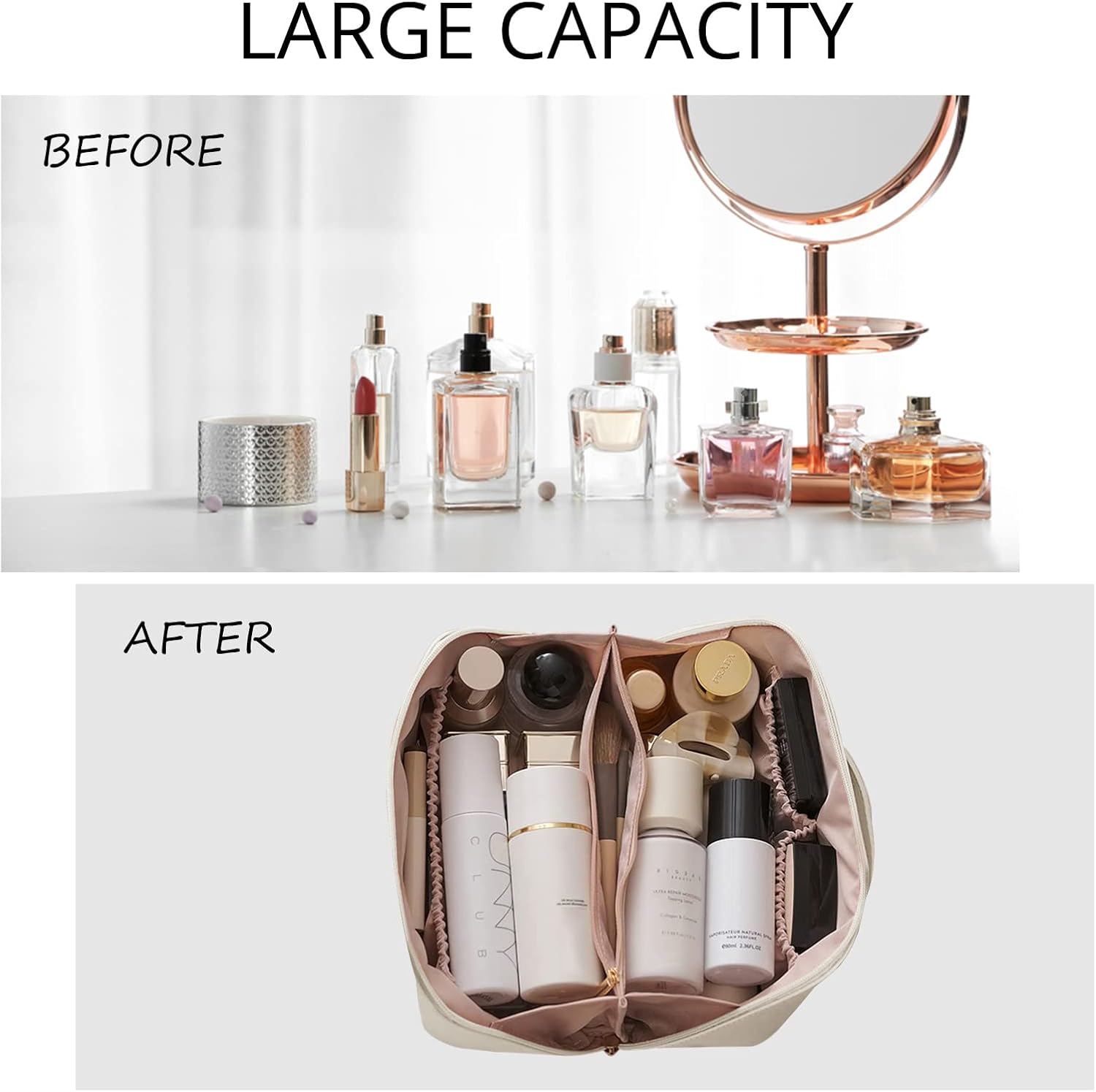 Baonmy Bolsa de cosméticos de viaje de gran capacidad, bolsa de maquillaje de doble capa, portátil, impermeable, de piel sintética, bolsa de
