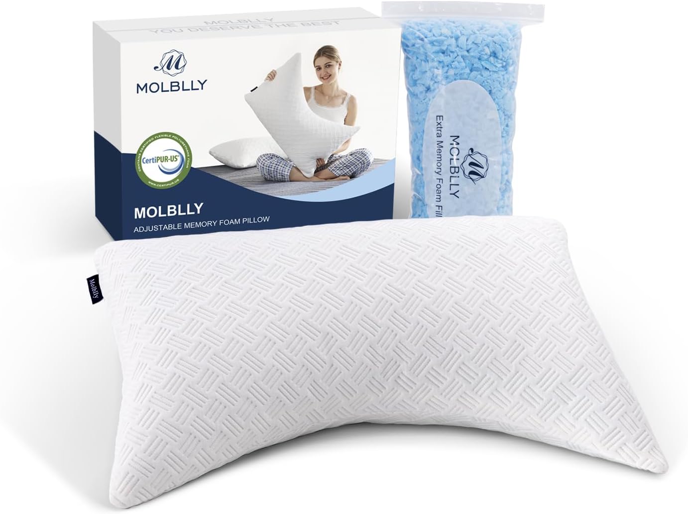 Molblly Almohada para dormir de lado y de espalda, almohada de espuma viscoelástica ajustable, adecuada para dolor de cuello y hombros, con bolsa de