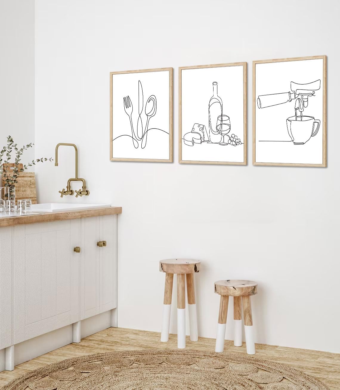 3 piezas de arte de pared de dibujo en línea, moderno, blanco y negro, minimalista, cocina, arte abstracto, impresiones artísticas de comedor,