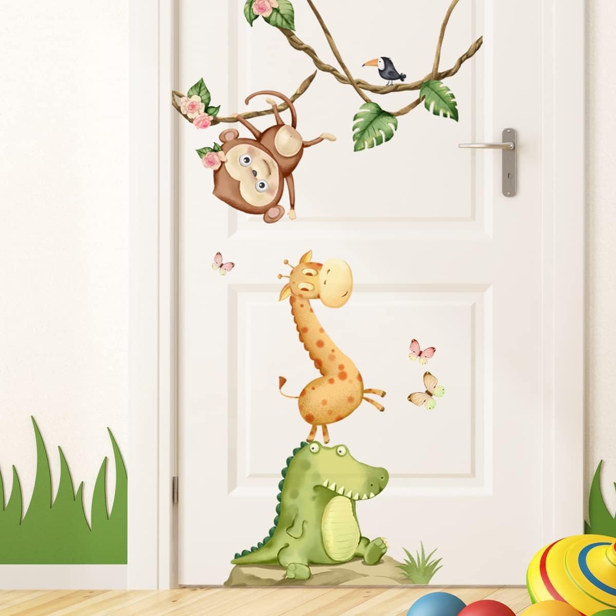 Calcomanías de pared de animales de acuarela, calcomanías de pared de animales de mono, jirafa, calcomanías de pared para niños, guardería, sala de