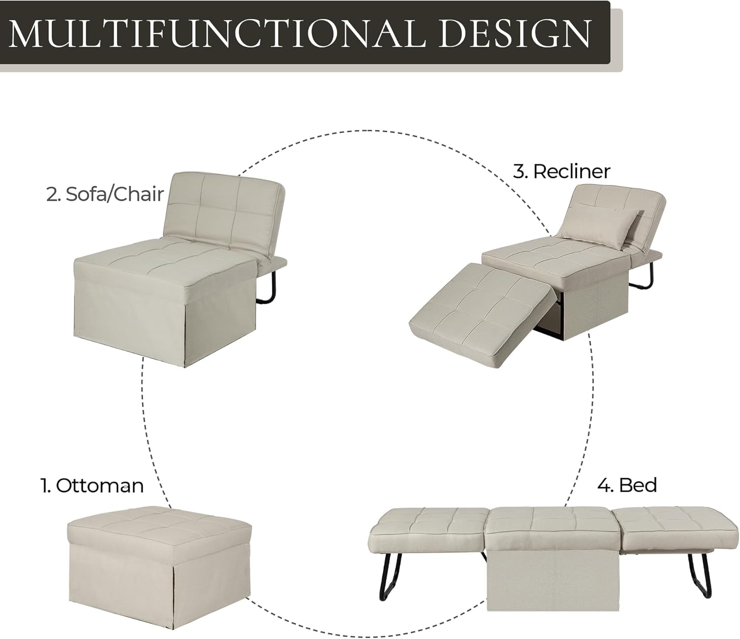 Sofá cama plegable, otomana convertible multifunción 4 en 1, silla de sofá sin montaje con respaldo y almohada ajustables, color beige