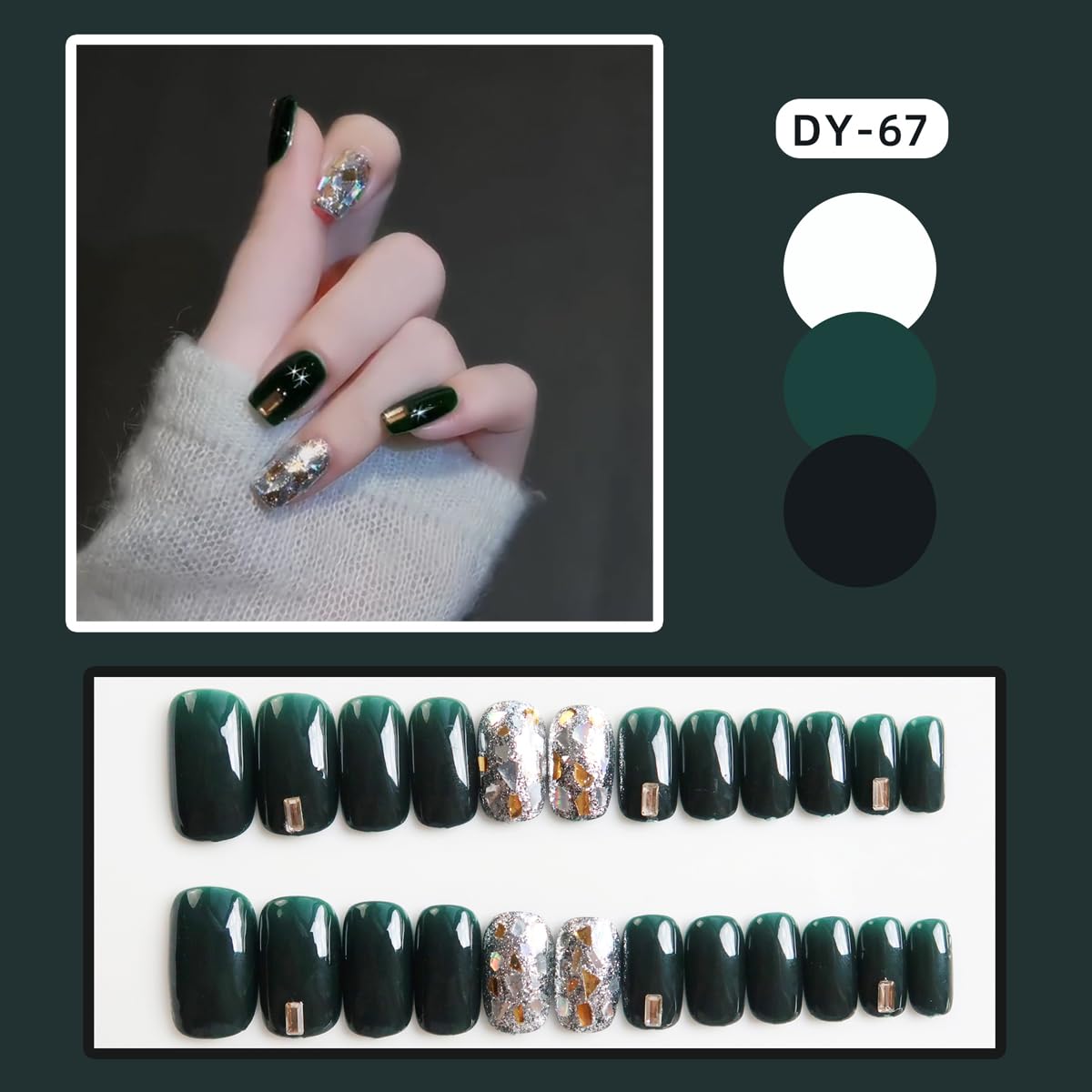 Uñas postizas cuadradas medianas para regalo de niñas  Kits de uñas postizas verde oscuro con diseño de diamantes de imitación, uñas postizas cortas