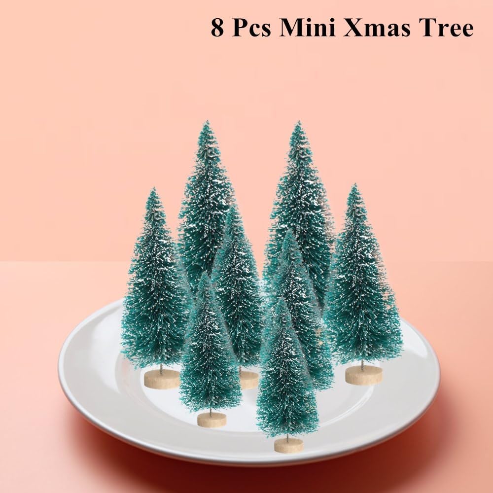 8 piezas de mini árbol de Navidad, pequeños árboles de Navidad artificiales con base de madera, árboles de cepillo para botellas, colores surtidos