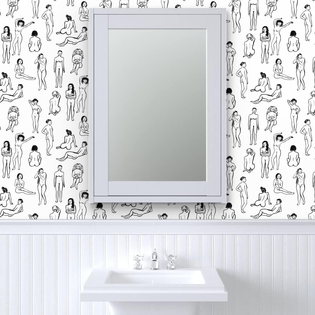 Spoonflower Papel tapiz para despegar y pegar – Mujeres Blanco Negro Mujer Niña Poder Vida Dibujo Cuerpo Mujer Salud Personalizado Papel pintado