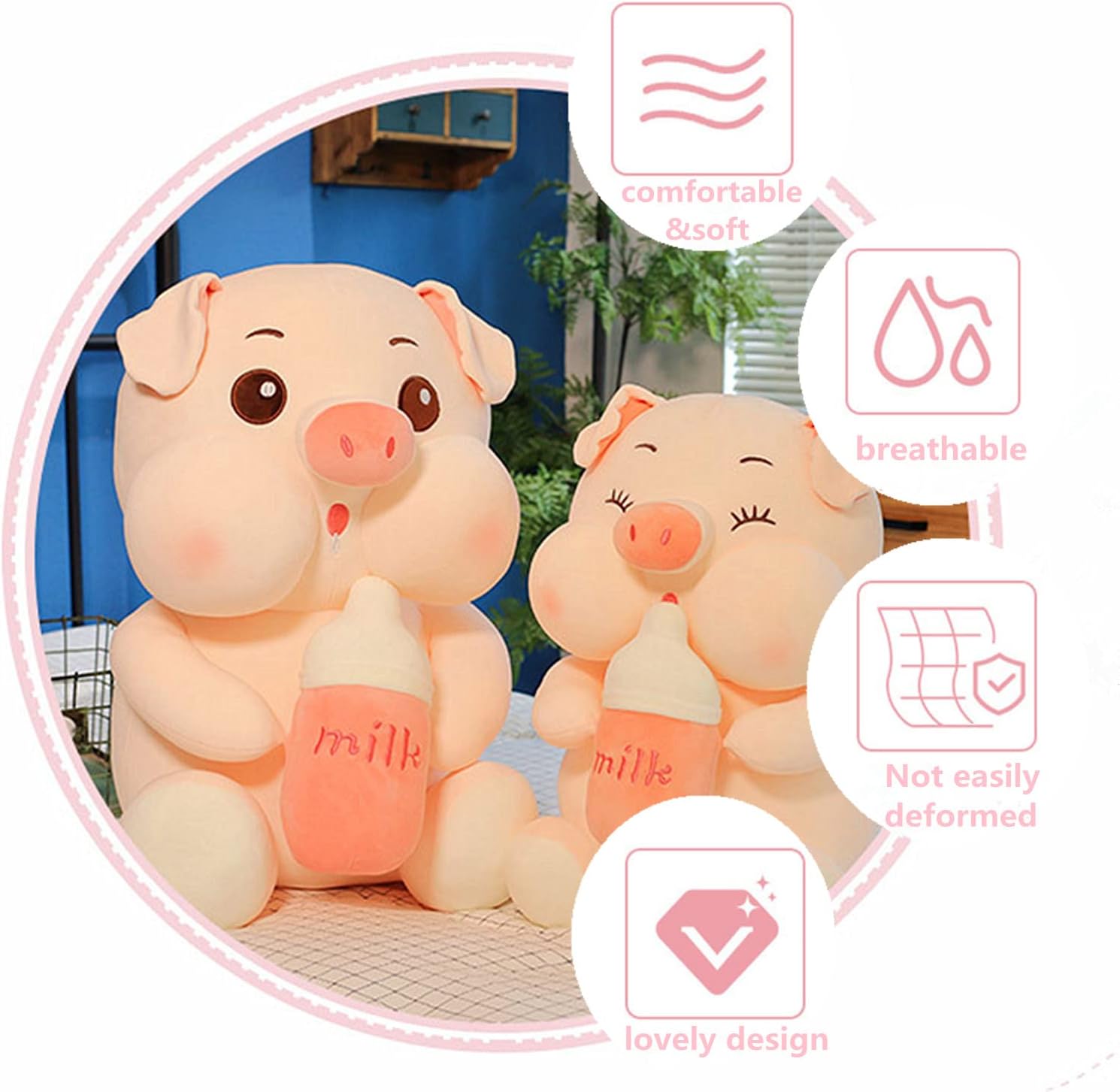 Juguete de peluche de cerdo de 13.7 pulgadas, linda almohada de cerdo con botella de leche de peluche de cerdo para abrazar, regalos para niños,