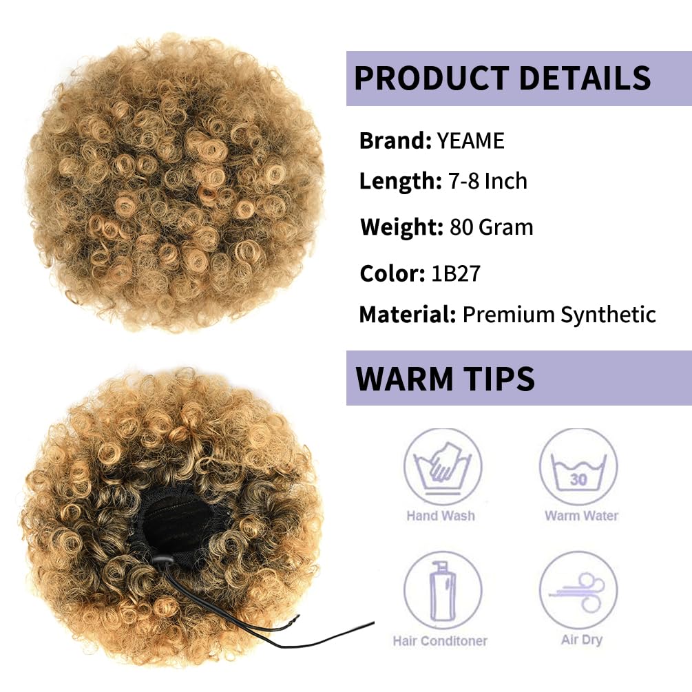 Cola de caballo afro con cordón para mujeres negras, cola de caballo afro rizada corta afro coleta de pelo sintético, color negro a marrón miel,