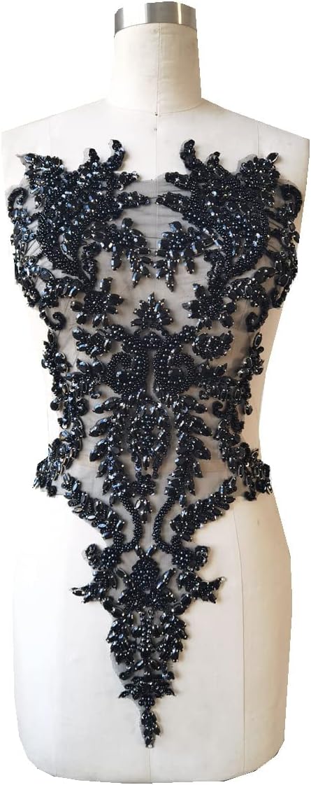 Apliques de encaje hechos a mano con diamantes de imitación para coser en perlas para accesorios de ropa de vestir (negro)