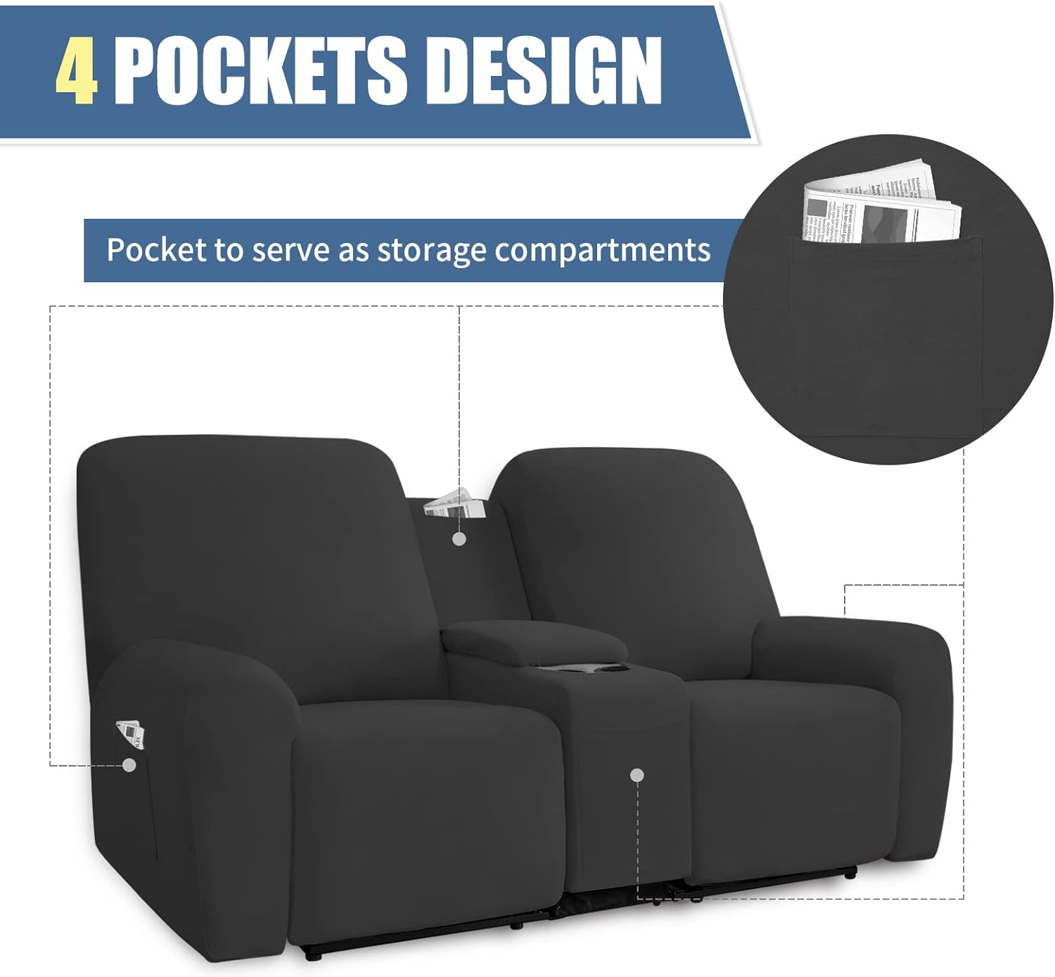 Easy-Going Funda elástica para sofá biplaza reclinable con consola central, suave forro polar ajustable de 2 asientos con soporte y almacenamiento,