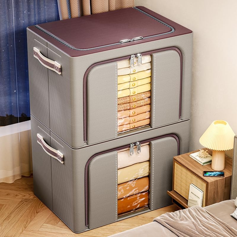 Metacrafts Caja organizadora de tela apilable y plegable, paquete de 2, contenedores de tela de gran capacidad con interior dividido, marco de metal