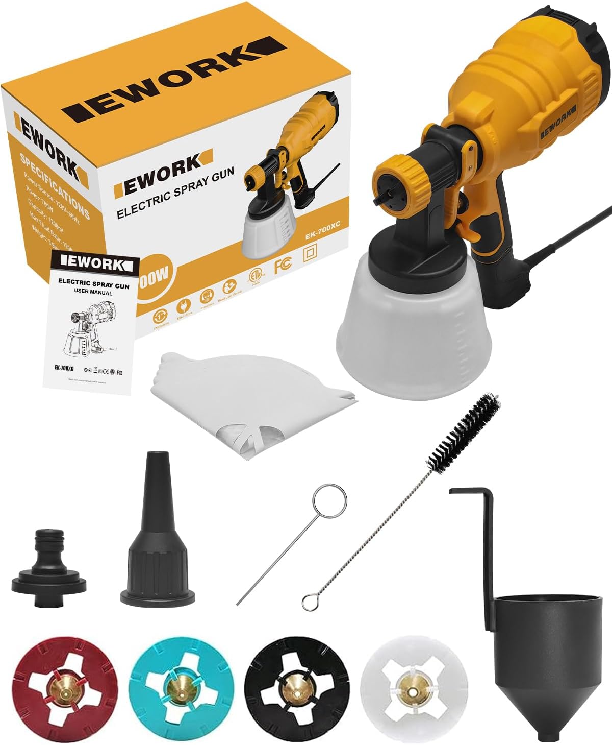 EWORK Pulverizador de pintura eléctrica de 700 W con juntas de limpieza y soplado, pulverizadores de pintura HVLP para interior y exterior del